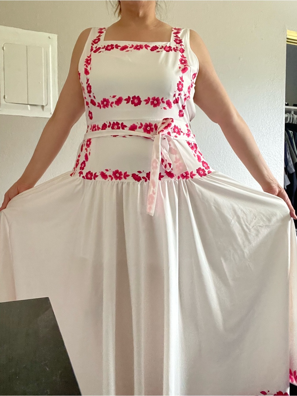 White Maxi Dress with Pink Floral Trim